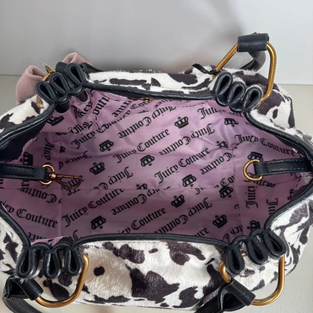 Juicy Couture Romance Cow Print Satchel Bag Faux Fur Pink Bow Heart Charm BW